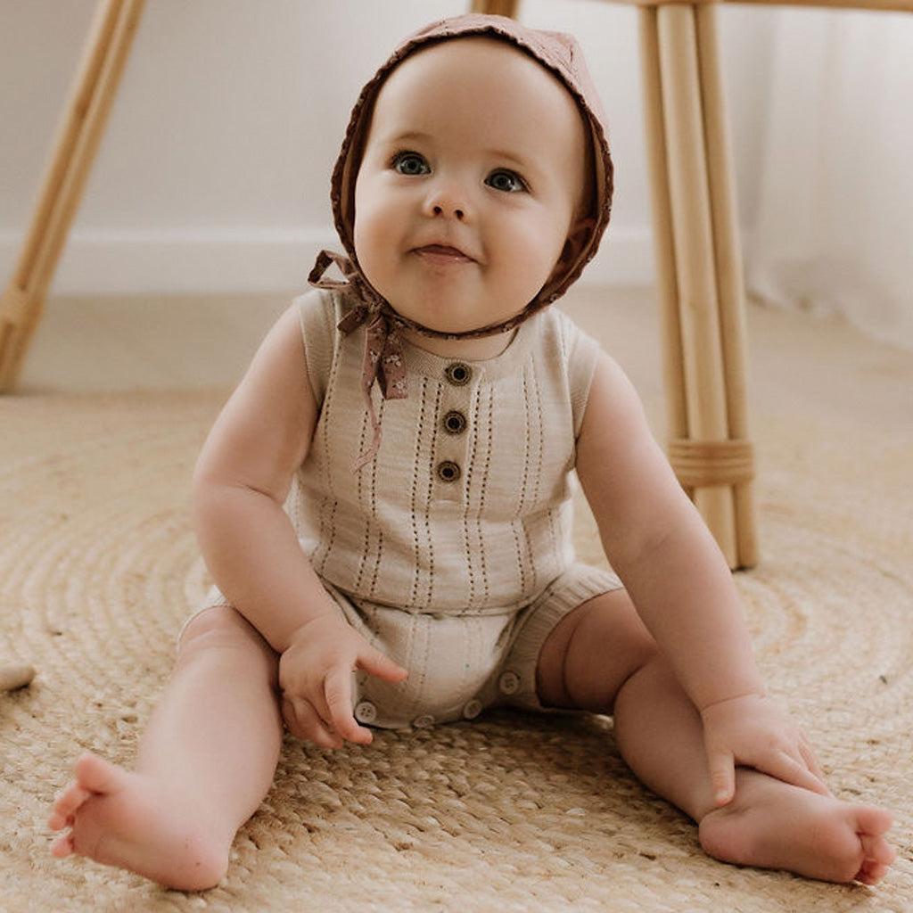 Line Pointelle Onesie - Sand / Ecru