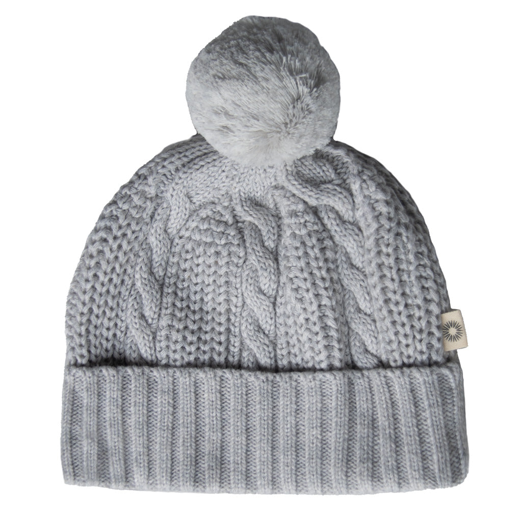 Cable Pompom Beanie - Silver