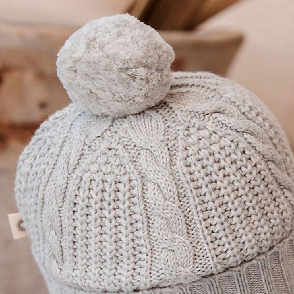 Cable Pompom Beanie - Silver